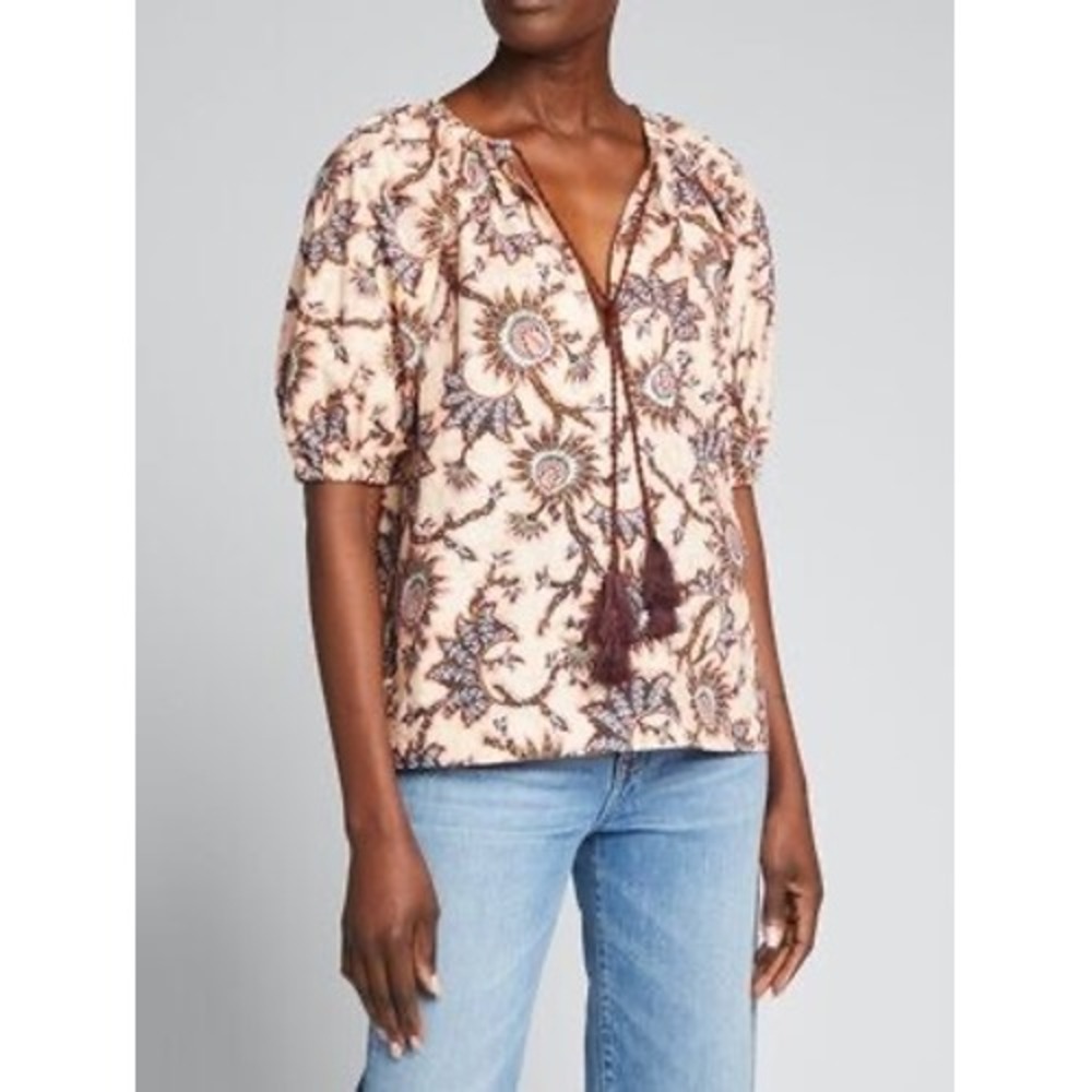 A.L.C. Cotton Floral Tassel Boho Peasant Blouse 0 Cottagecore